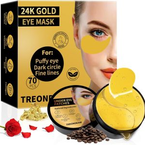 24K Gold Eye Masks for Dark Circles and Puffiness 70PCS, Under Eye Patches Gel Pads for Puffy Eyes Treatment w/Collagen, Caffeine, Peptides for Eye Bags Treatment, Gel Eye Mask Skincare