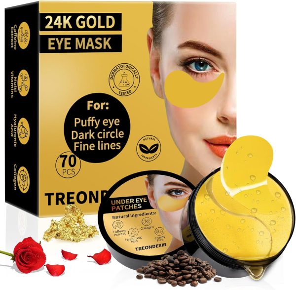 24K Gold Eye Masks for Dark Circles and Puffiness 70PCS, Under Eye Patches Gel Pads for Puffy Eyes Treatment w/Collagen, Caffeine, Peptides for Eye Bags Treatment, Gel Eye Mask Skincare