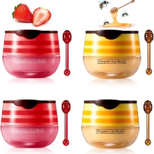 4 Pcs Bee Lip Balm Lip Mask Honey Pot, Honey & Strawberry Lip Mask Propolis Moisturizing Lip Balm Hydrating Prevention Dry and Cracked Lip Scrubs Exfoliator,Reduces Lip Lines.