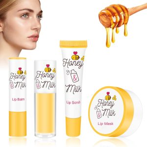 4 Piece Honey Milk Lip Mask Lip Balm Lip Scrub Lip Oil Lip Care Kit, Moisturizing & Nourishing Dry and Cracked Lips, Overnight Sleeping Lip Exfoliator Lip Moisturizer Lip Repair
