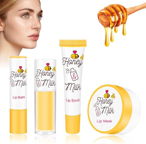 4 Piece Honey Milk Lip Mask Lip Balm Lip Scrub Lip Oil Lip Care Kit, Moisturizing & Nourishing Dry and Cracked Lips, Overnight Sleeping Lip Exfoliator Lip Moisturizer Lip Repair