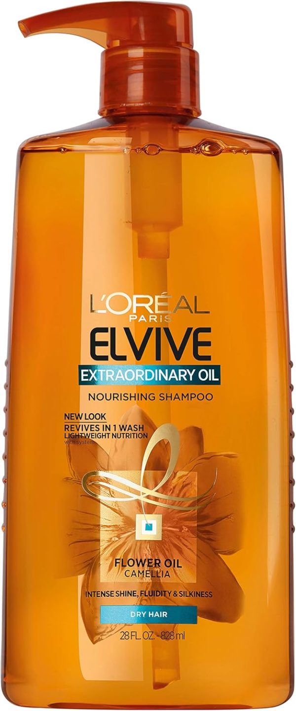 L'Oreal Paris Elvive Extraordinary Oil Nourishing Shampoo, for Dry or Dull Hair, Shampoo with Camellia Flower Oils, for Intense Hydration, Shine, and Silkiness, 28 Fl; Oz