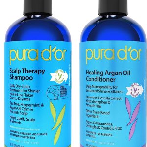 PURA D'OR Scalp Therapy Shampoo & Healing Conditioner Set(16 fl oz x 2) For Dry, Itchy Scalp - Hydrates & Nourishes Hair with Tea Tree,Argan Oil & Biotin, All Hair Types, Men Women(Packaging May Vary)
