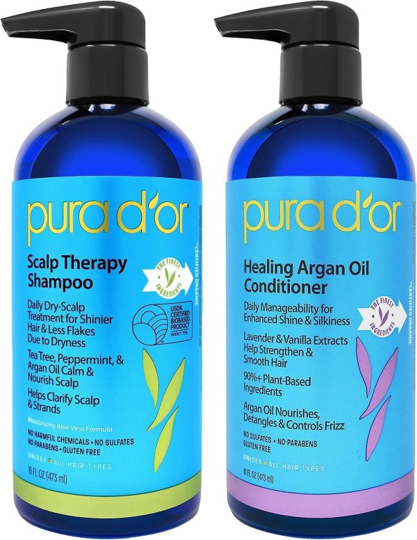 PURA D'OR Scalp Therapy Shampoo & Healing Conditioner Set(16 fl oz x 2) For Dry, Itchy Scalp - Hydrates & Nourishes Hair with Tea Tree,Argan Oil & Biotin, All Hair Types, Men Women(Packaging May Vary)