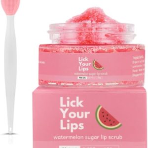 Watermelon Sugar Lip Scrub for Dry, Cracked and Dark Lips by Lick Your Lips – Organic Lip Scrubs Exfoliator and Moisturizer with Lip Brush – Vegan, Cruelty-Free Lip Care Product (20g)